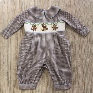 Brown & Blue Checkered Smocked Monkey Romper